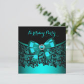 Invitation Elégante Turquoise Bow Black Lace Party 3 (Debout devant)