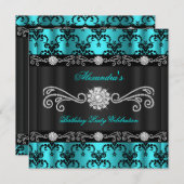 Invitation Elégante Turquoise Damask Black Diamond fête d'ann (Devant / Derrière)