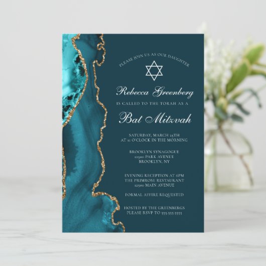 Invitation Elégante Turquoise Gold Agate Bat mitzvah Party (Debout devant)