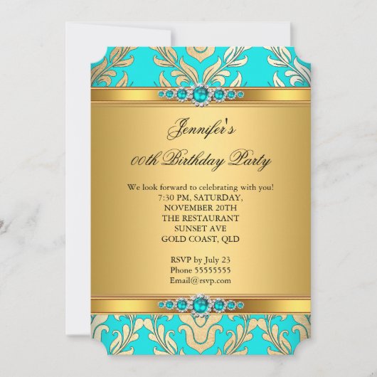 Invitation Elégante Turquoise Gold Damask Pearl fête d'annive (Devant)