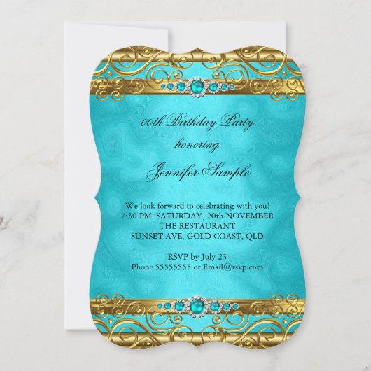 Invitation Elégante Turquoise Gold Damask Pearl fête d'annive (Devant)