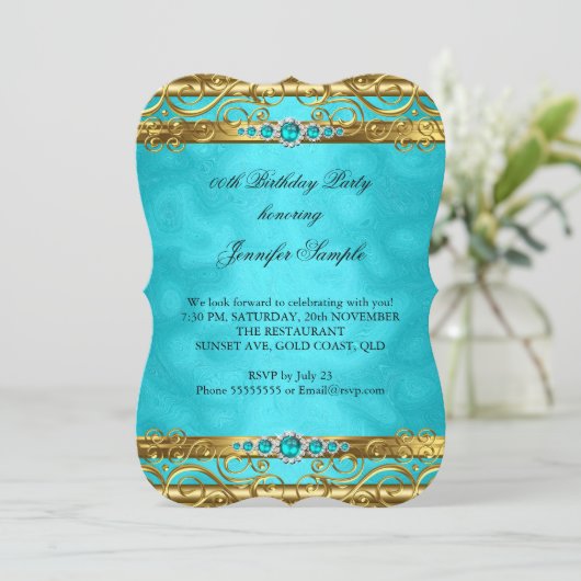Invitation Elégante Turquoise Gold Damask Pearl fête d'annive (Debout devant)