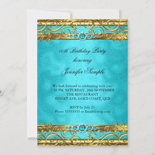 Invitation Elégante Turquoise Gold Damask Pearl fête d'annive (Devant)