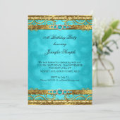 Invitation Elégante Turquoise Gold Damask Pearl fête d'annive (Debout devant)