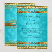 Invitation Elégante Turquoise Gold Damask Pearl fête d'annive (Devant / Derrière)