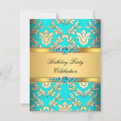Invitation Elégante Turquoise Gold Damask Pearl fête d'annive (Dos)