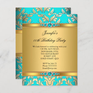 Invitation Elégante Turquoise Gold Damask Pearl fête d'annive
