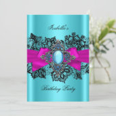 Invitation Elégante Turquoise Hot Rose dentelle bleue Anniver (Debout devant)