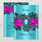 Invitation Elégante Turquoise Hot Rose dentelle bleue Anniver (Devant / Derrière)