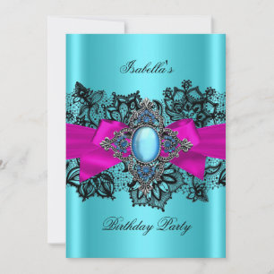Invitation Elégante Turquoise Hot Rose dentelle bleue Anniver