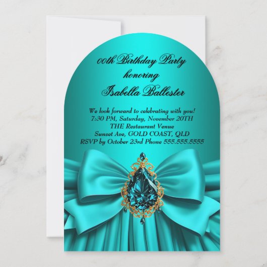 Invitation Elégante Turquoise or Bijoux Bow fête d'anniversai (Dos)