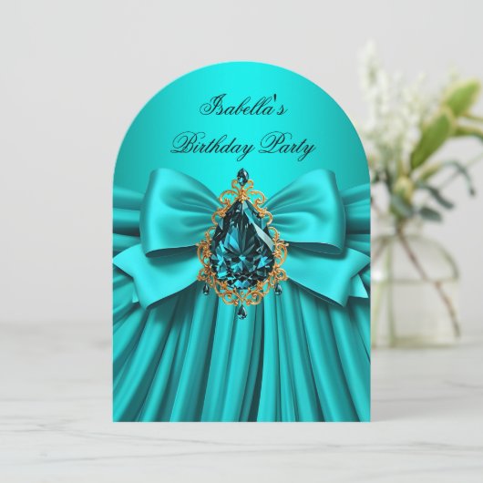 Invitation Elégante Turquoise or Bijoux Bow fête d'anniversai (Debout devant)