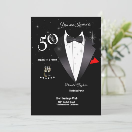 Invitation Elégante Tuxedo 50e anniversaire de fête Invitatio (Debout devant)