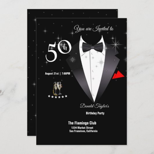Invitation Elégante Tuxedo 50e anniversaire de fête Invitatio (Devant / Derrière)