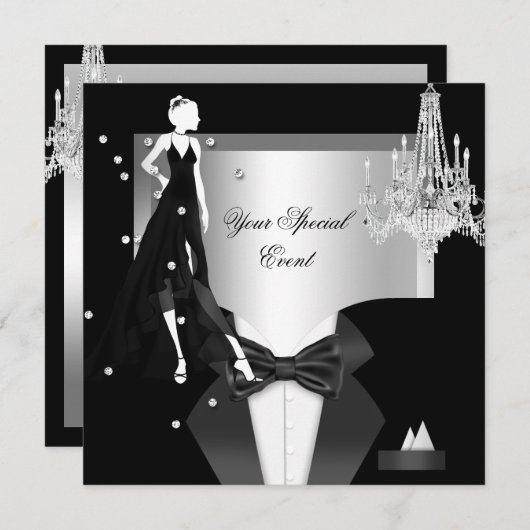 Invitation Élégante Tuxedo Gown Silver White Black Party (Devant / Derrière)