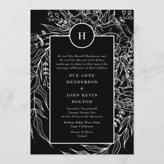 Invitation Elégante Tuxedo Noir brillant Monogramme Blanc Wre (Devant)