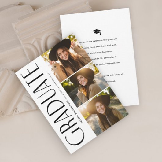 Invitation Élégante Typographie de fin d'études 3 Diplôme pho