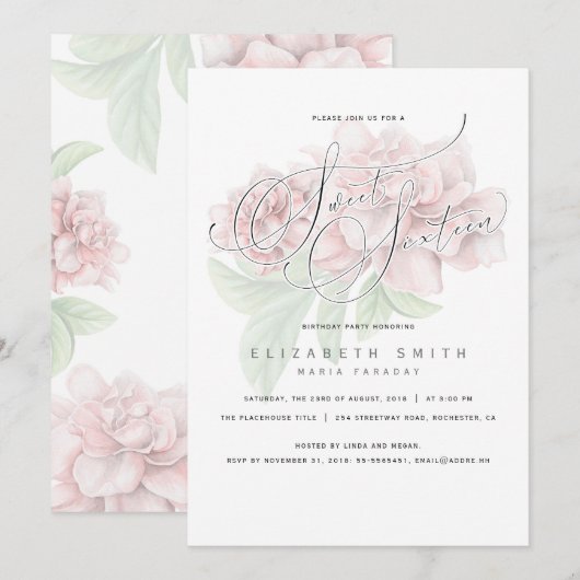 Invitation Élégante Typographie florale rose douce 16 Anniver (Devant / Derrière)