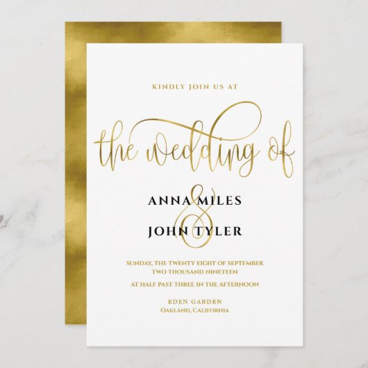 Invitation Élégante typographie Mariage Gold Foil (Devant / Derrière)