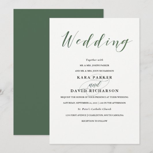 Invitation Élégante typographie | Mariage vert profond (Devant / Derrière)