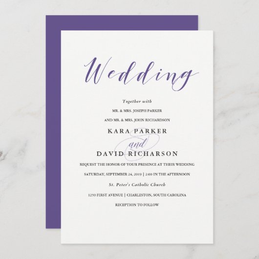 Invitation Élégante typographie | Mariage violet (Devant / Derrière)