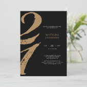 Invitation Élégante typographie noir et or 21e anniversaire (Debout devant)