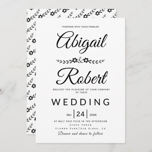 Invitation Élégante typographie noir fleurs blanches mariage (Devant / Derrière)