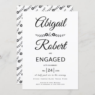 Invitation Élégante typographie noir fleurs fiançailles