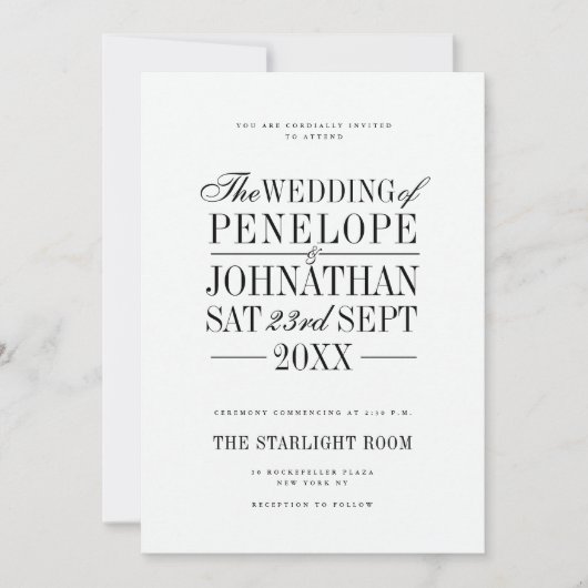 Invitation Élégante Typographie Sérif Mariage Script (Devant)