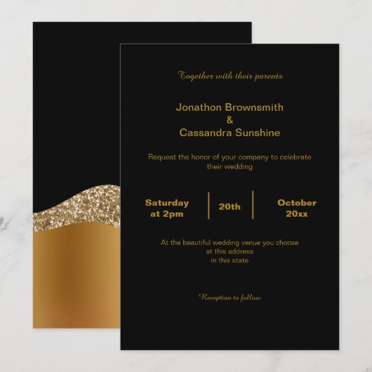 INVITATION ÉLÉGANTE VAGUE CLASSIQUE D'OR NOIR (Devant / Derrière)