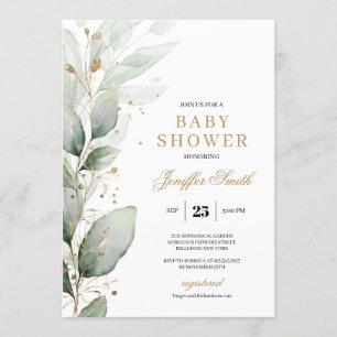 Invitation Elégante végétation eucalyptus et baby shower or