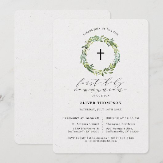 Invitation Élégante végétation Première communion d'Eucalyptu (Devant / Derrière)