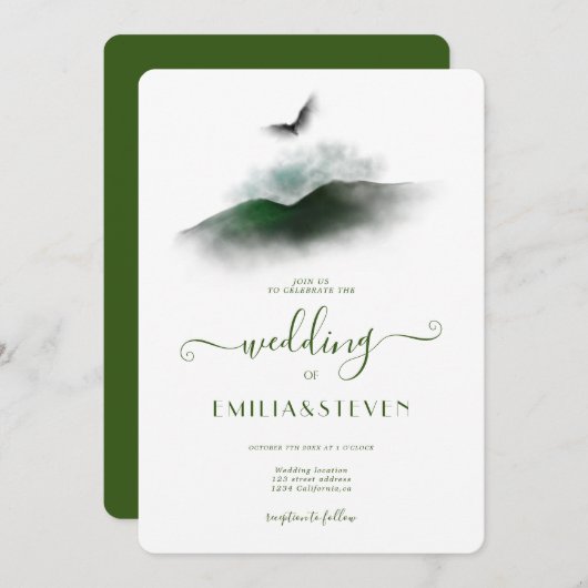 Invitation Elégante verdure Aquarelle Montagnes Mariage (Devant / Derrière)