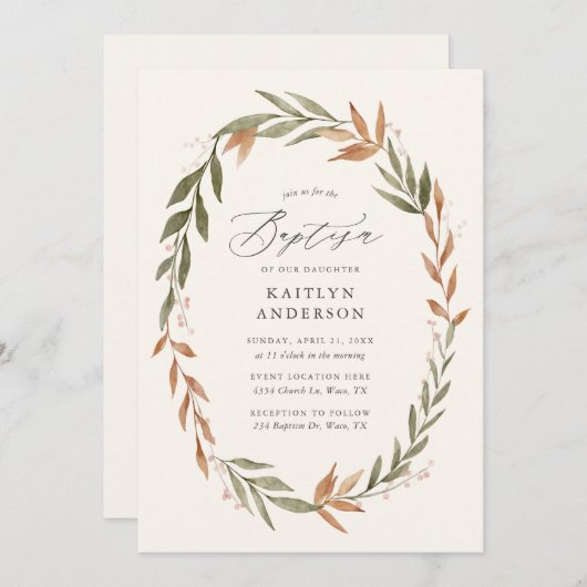 Invitation Élégante verdure automnale Wreath Baptême (Devant / Derrière)