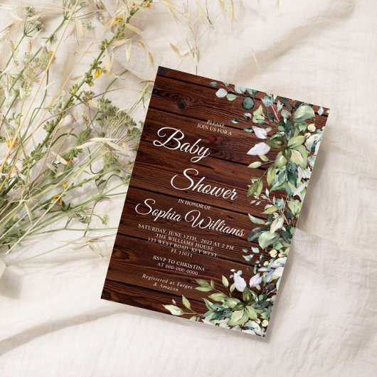 Invitation Élégante verdure Baby shower en bois rustique