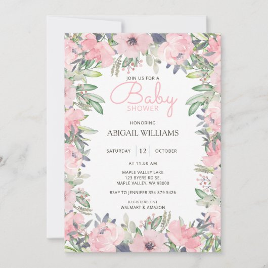 Invitation Élégante verdure Baby shower floral rose (Devant)