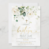 Invitation Élégante verdure Blanc Floral Croix Or Baptême (Devant)
