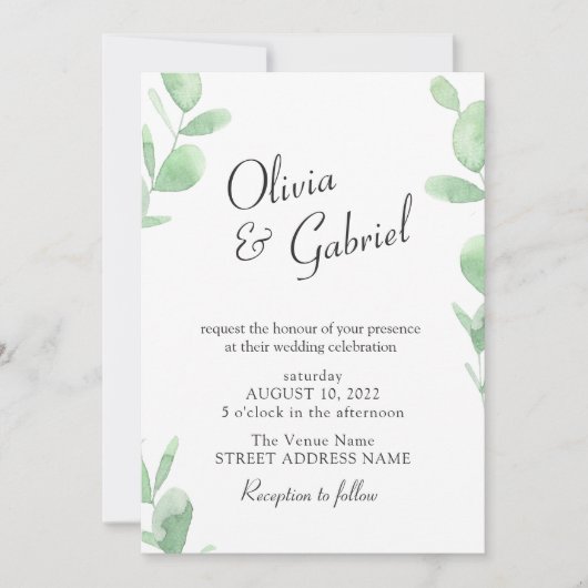 Invitation Elégante verdure botanique. Mariage simple (Devant)