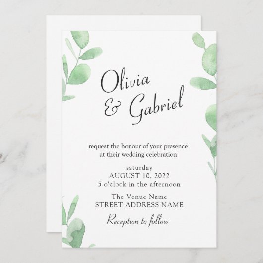 Invitation Elégante verdure botanique. Mariage simple (Devant / Derrière)
