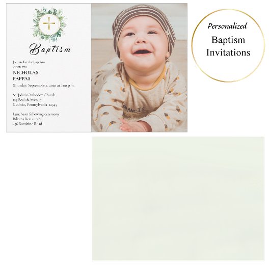 Invitation Élégante verdure couronne Baptême chrétien orthodo