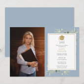 Invitation Élégante verdure Dusty Blue Graduation Party Photo (Devant / Derrière)