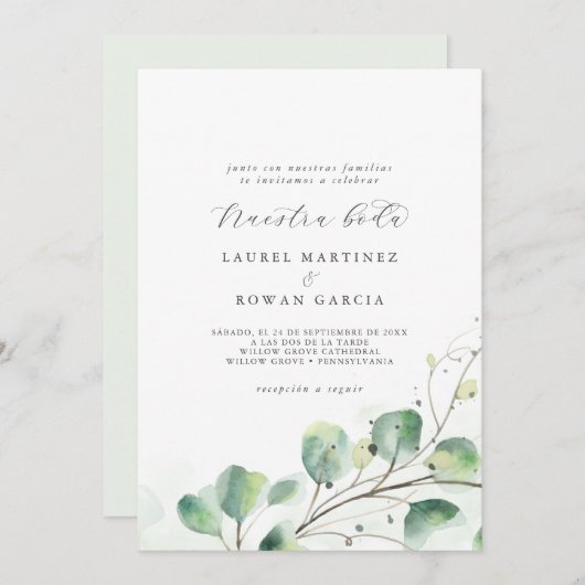 Invitation Elégante verdure Espagnol Nuestra Boda Mariage (Devant / Derrière)