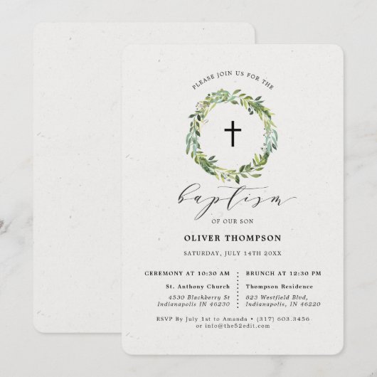 Invitation Élégante verdure Eucalyptus Foliage Baptême (Devant / Derrière)