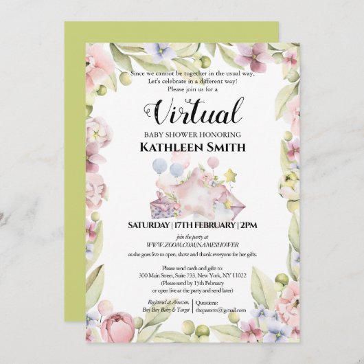 Invitation Elégante verdure fleurie Aquarelle Douche virtuell (Devant / Derrière)