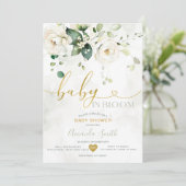 Invitation Élégante Verdure Fleurs Blanches Bébé En Fleur (Debout devant)