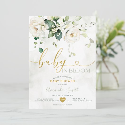 Invitation Élégante Verdure Fleurs Blanches Bébé En Fleur (Debout devant)