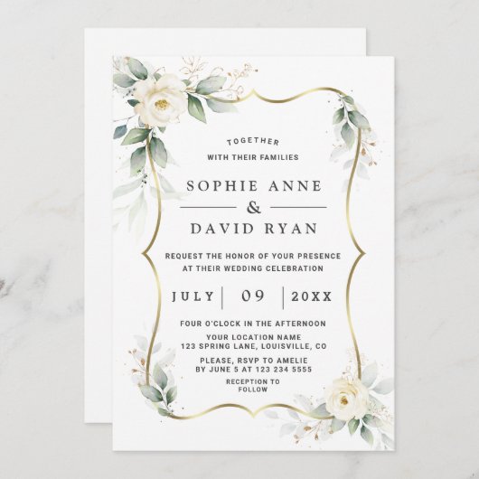 Invitation Élégante verdure Fleurs blanches Mariage or (Devant / Derrière)