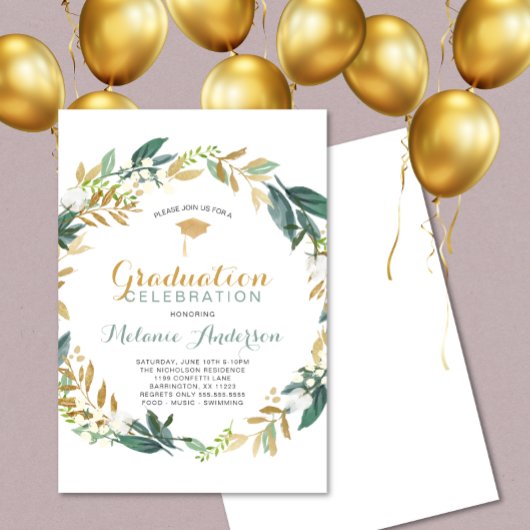 Invitation Élégante verdure Gold Wreath Graduation Party