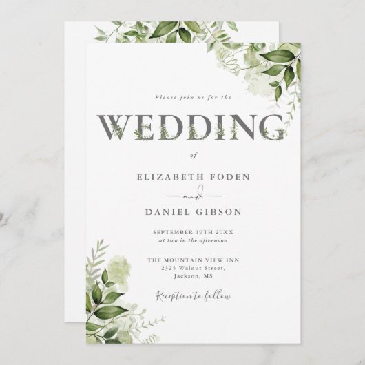 Invitation Élégante verdure Mariage de typographie florale (Devant / Derrière)