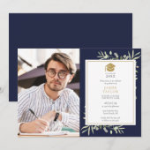 Invitation Élégante verdure Marine Blue Graduation Party Phot (Devant / Derrière)